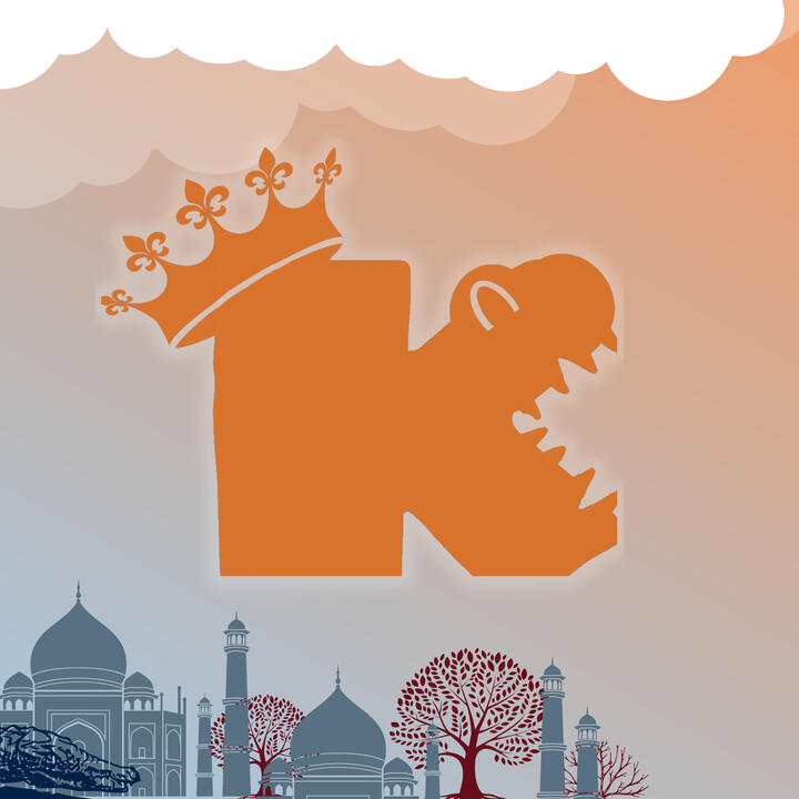 A large chunky and orange "k" letter with a smiling crocodile face outlined within it, and a crown on the left of the letter. The background includes a gradient of orange and light blue with clouds to shape out a sky, and Indian-inspired empire silhouette.